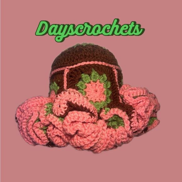 Pink and Brown Floral Crochet Hat - Picture 2 of 4